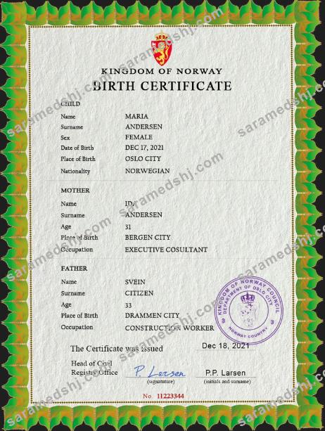 Norway birth certificate PSD template